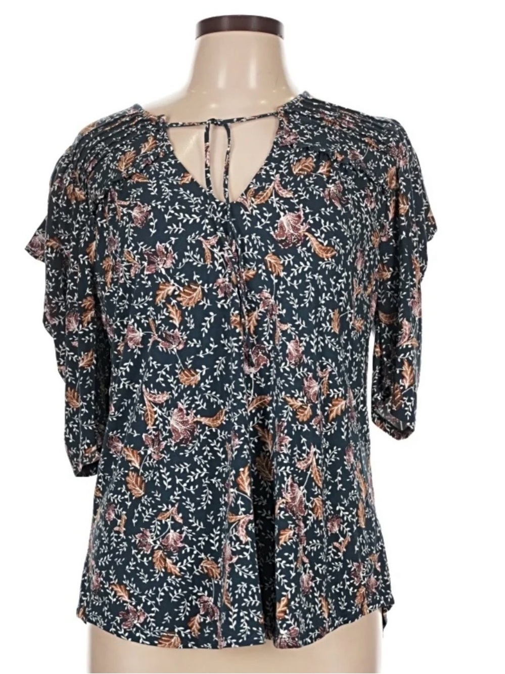 Good Hart/Matilda Jane- Floral Teal Tie-Neck Blouse with Ruffle Sleeve